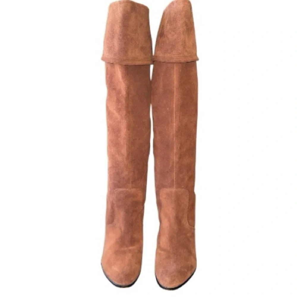 M4D3 Rafaelle Camel Brown Leather Boots Over Knee Tassel Ties Sz 9.5